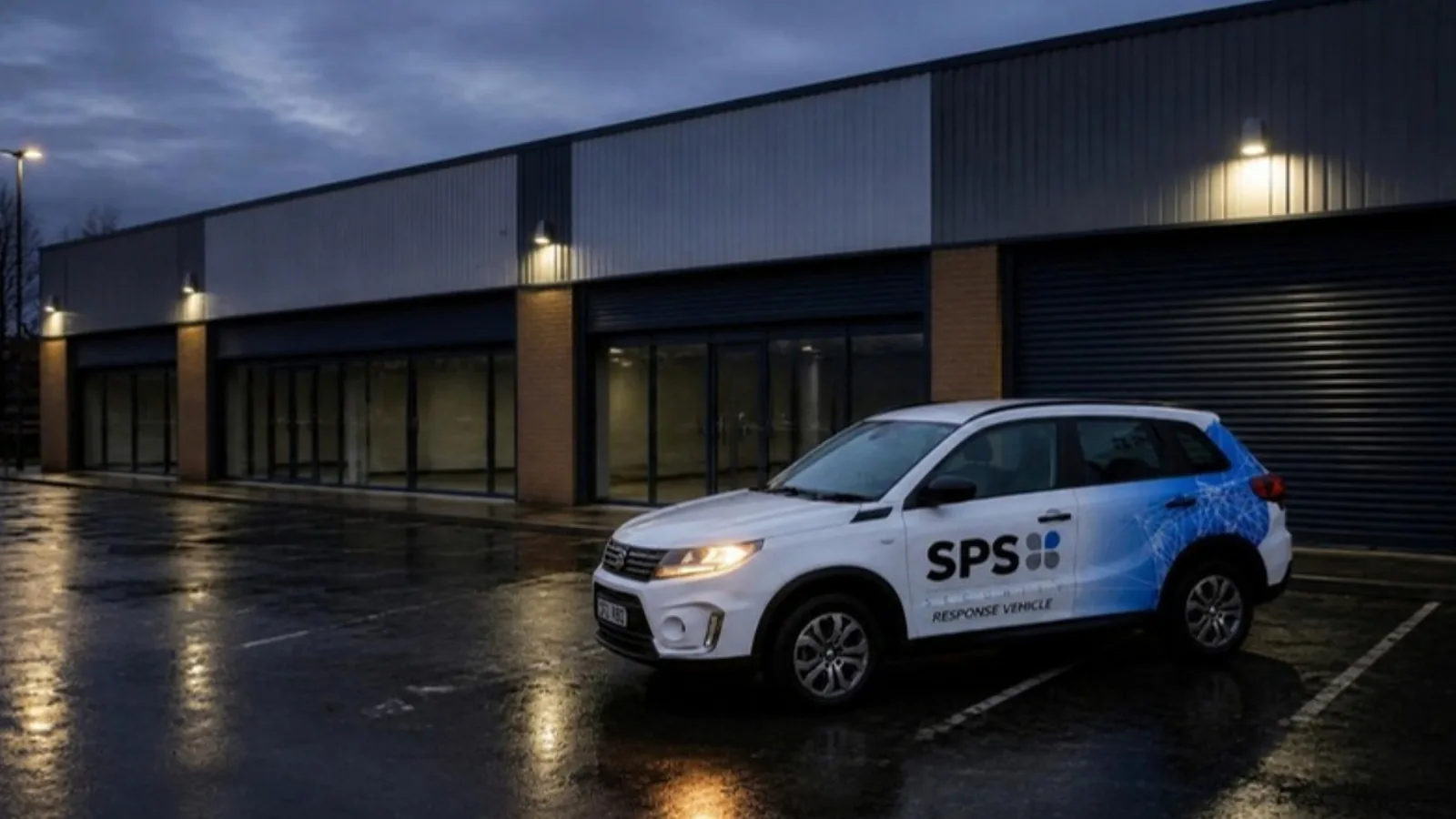 SPS Security response vehicle outside a row of empty retail park units at dusk during a vacant property inspection