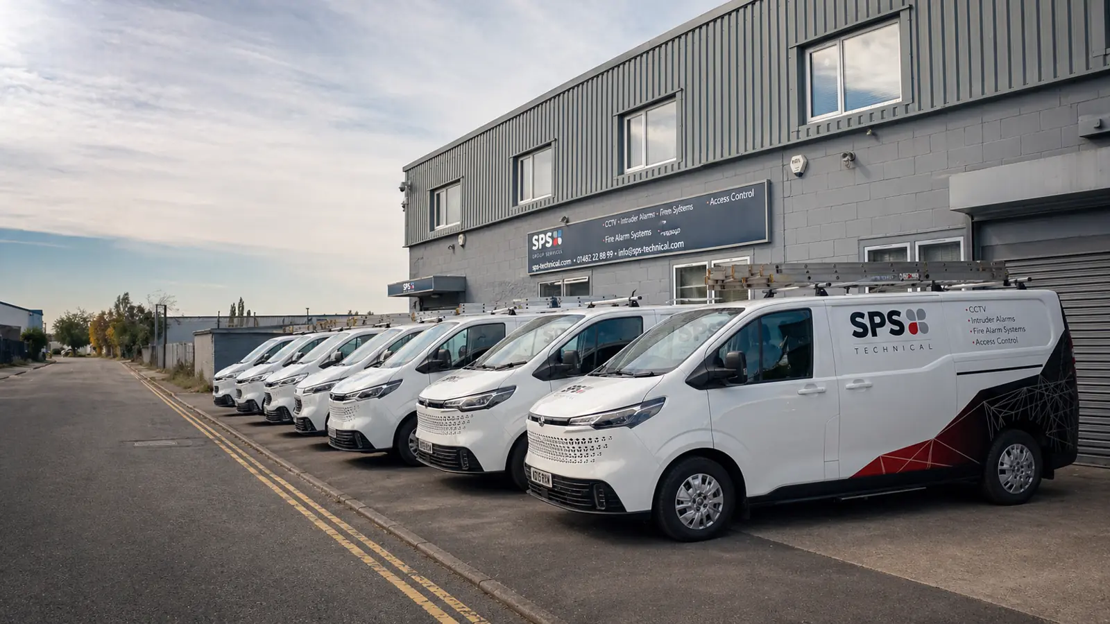 SPS Technical fire and security engineer vans outside the SPS Group building in Hull